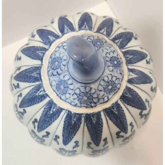 Vtg Large Chinese Blue & White Floral Porcelain Pumpkin Shaped Ginger Jar w/Lid - Picture 3 of 12